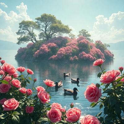 The primary subject of the image is a group of ducks swimming in a body of water, surrounded by a beautiful landscape. The setting includes a pink flower island, with a variety of pink flowers scattered throughout the scene. The visual style of the image is a combination of photo and digital art, creating a vibrant and lively atmosphere. The colors and mood of the image are predominantly pink, which adds a sense of warmth and tranquility to the scene.